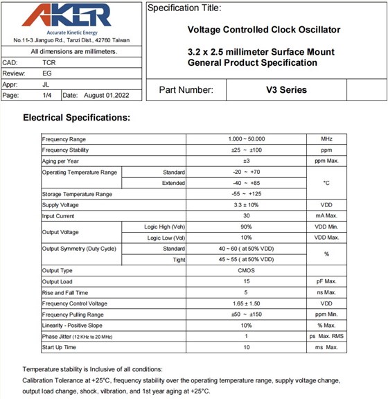 V3，規(guī)格VCXO